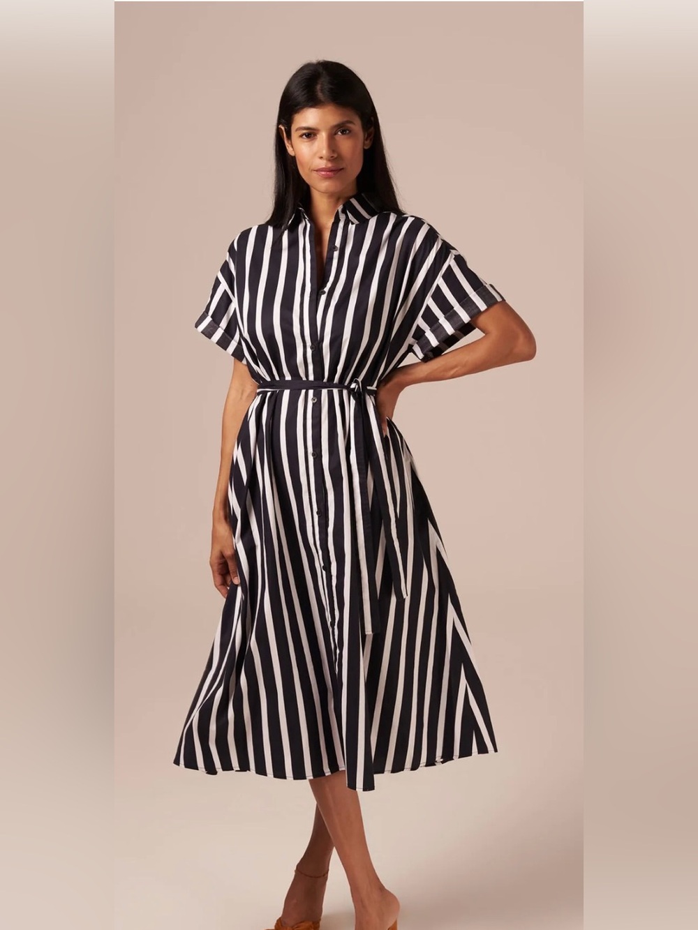 Tucker Sarah Shirt dress Navy and White Striped Midi Shirt Dress EUC